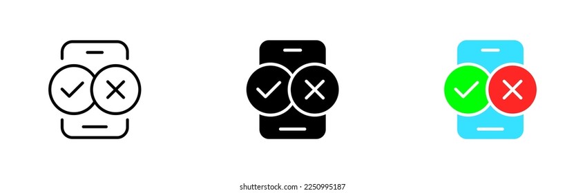 Phone with cross and tick. Checkmark, leave your review, reminder, yes, no, ok, cancel, choice. Feedback concept. Vector icon in line, black and colorful style on white background