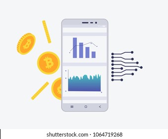 Phone with crypto currency on the screen. Bitcoin trading concept with coins and schemes. Diagram and statistic for mobile app in flat style