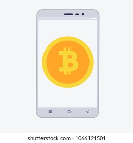 Phone with cryptocurrency on the screen. Bitcoin trading concept with coins in flat style