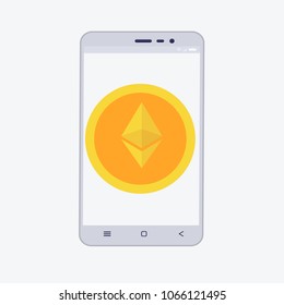 Phone with cryptocurrency on the screen. etherium trading concept with coins in flat style