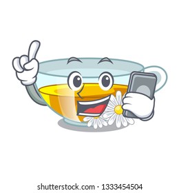 With phone cup chamomile tea cartoon above table