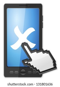 Phone, cursor and cancel symbol on a white background.
