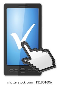 Phone, cursor and check symbol on a white background.