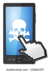 Phone, cursor and danger symbol on a white background.