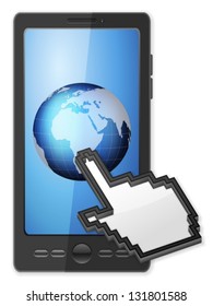 Phone, cursor and globe on a white background.