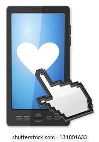 Phone, cursor and heart symbol on a white background.