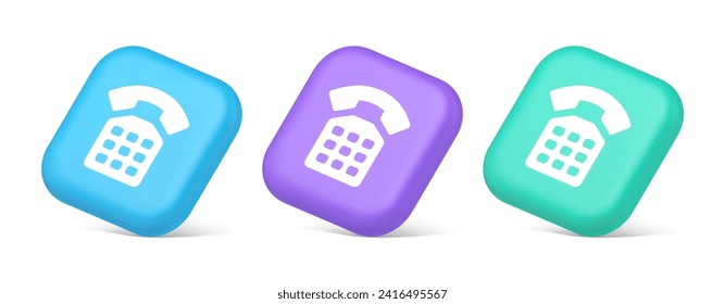 Phone customer support call contact connect button retro telephone handset 3d realistic blue purple and green icons. Helpline center user interface internet navigation panel