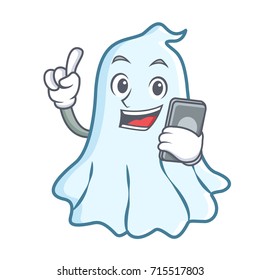 With phone cute ghost character cartoon
