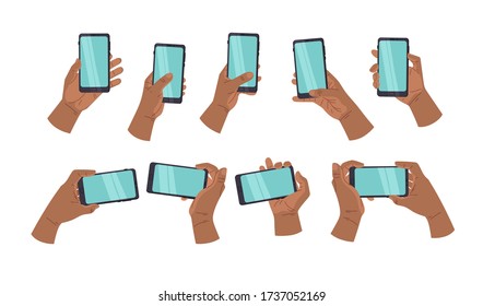 Phone in dark skin hands isolated on white background. Hand holding black smart phone. Flat design vector illustration set