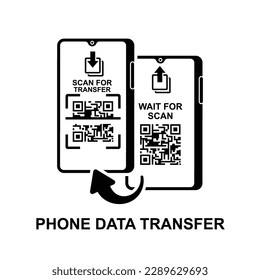 Icono de transferencia de datos de teléfono. El Smartphone analiza el código QR para transferir datos del teléfono antiguo al nuevo. 