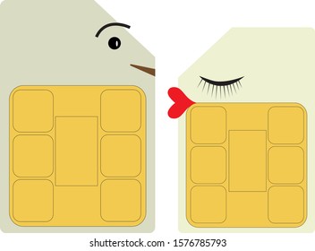 Phone dating. Two SIM cards of mobile communication in the form of a man and a woman. Love concept on the Internet. Isolate on white background