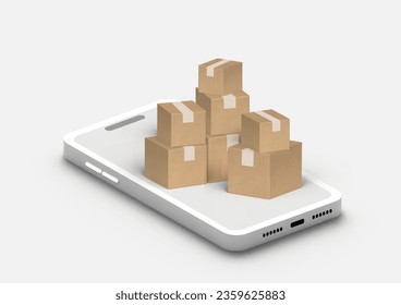 Phone with delivery. Brown boxes with shadow and mobile. Concept vector illustration