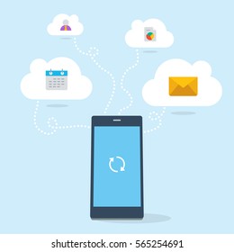 Phone device is accessing to cloud services, isolated on light blue background.