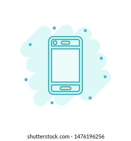 Phone device sign icon in comic style. Smartphone vector cartoon illustration on white isolated background. Telephone business concept splash effect.