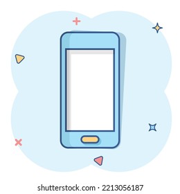 Phone device sign icon in comic style. Smartphone vector cartoon illustration on white isolated background. Telephone business concept splash effect.