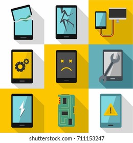 Phone diagnostics icon set. Flat style set of 9 phone diagnostics vector icons for web design
