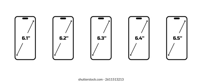 Phone diagonal screen size icon set. 6.1, 6.2, 6.3, 6.4, 6,5 inch screen size. Vector illustration.