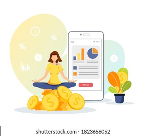 Teléfono con diagramas y mujer meditando en la pila de monedas. Ganancia, ganancia de dinero, aplicación financiera, negocios, concepto de inversión. Ilustración vectorial aislada para banner, afiche, publicidad.