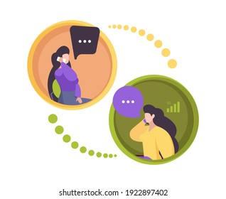 Diálogo telefónico. Dos personas llamadas a personajes de comunicación por smartphone ilustraciones nítidas de vector plana