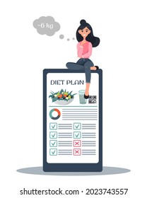 Ein Telefon mit einer App für Diät-Pakete. Ein kleines Mädchen folgt einer Diät zur Gewichtsabnahme mit gesundem Essen, Gemüse und Obst. Gesunder Lebensstil, Ernährung, Gewichtsverlust. Nutritionist online. Vektorgrafik.