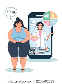 A phone with a diet planning app. An online nutritionist and a sad obese girl. Online consultation. Weight loss. Healthy diet and lifestyle. Vector illustration