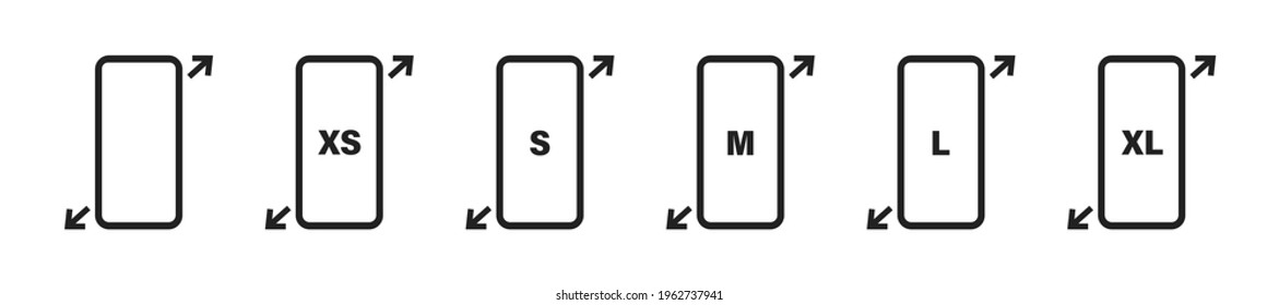 Phone different size. Vector smartphone display sizes icon set. Screen diagonal symbol collection. White background.