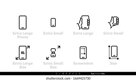 Phone, different sizes and specifications. Large, small and extra large sizes and screenshot icons, Editable line vector set on white backgroind.
