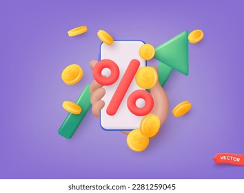 Phone with discount. 	
Icon percent with arrow. Market analysis, investment or interest rate. 3D Web Vector Illustrations.  3D Web Vector Illustrations.