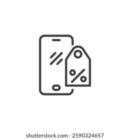 Phone Discount line icon. linear style sign for mobile concept and web design. Mobile phone with a percentage tag outline vector icon. Symbol, logo illustration. Vector graphics