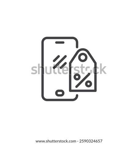 Phone Discount line icon. linear style sign for mobile concept and web design. Mobile phone with a percentage tag outline vector icon. Symbol, logo illustration. Vector graphics