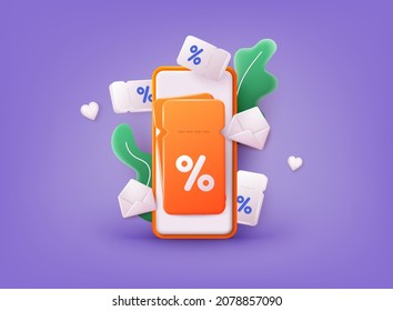 Phone with discount. Store special offers advertisement. Markdown program, loyalty program, promotional mix metaphors. 3D Web Vector Illustrations.