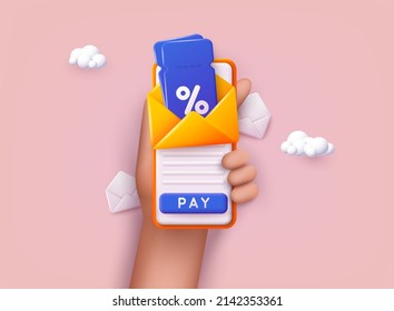 Phone With Discount. Store Special Offers Advertisement. Markdown Program, Loyalty Program, Promotional Mix Metaphors. 3D Web Vector Illustrations.