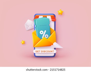 Phone With Discount. Store Special Offers Advertisement. Markdown Program, Loyalty Program, Promotional Mix Metaphors. 3D Web Vector Illustrations.