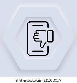 Phone With Dislike Line Icon. Review, Rating, Emoticon, Thumb Down, Thumb Down, Bad Mood, Comment, Click, Rate The Level Of Service. Impression Concept. Neomorphism Style. Vector Line Icon