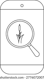 Phone display featuring a reed plant under a magnifying glass