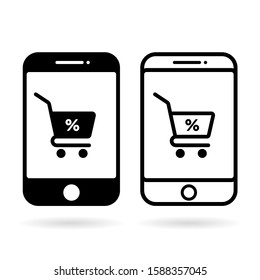 Phone display with shopping cart line icon, outline vector sign, linear style pictogram isolated on white. Online shoping basket symbol, logo illustration. Editable stroke