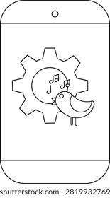 A phone displaying a bird with musical notes near a gear