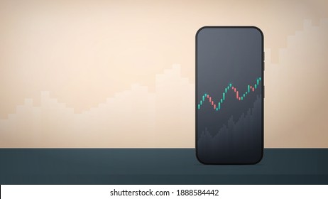 Phone displaying stock market quotes. Investment trading in the stock market. Banner with space for text. Vector illustration.