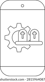 Phone displays gear icon behind 2 tombstones on a single base in center with a circle above