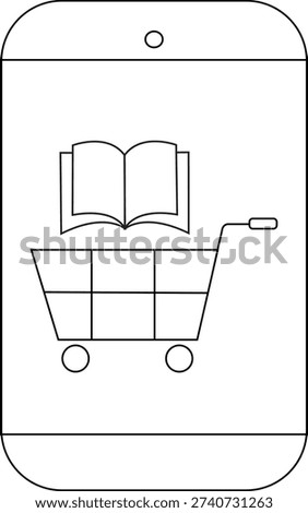 A phone displays an icon of a book atop a shopping cart