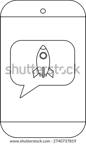A phone displays a message bubble icon containing a rocket ship design
