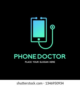 Phone doctor vector logo template. This design with stethoscope. Graphic suitable for health, technology or medical business.