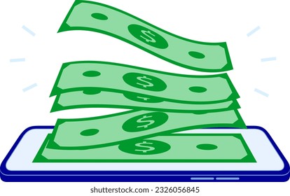 Phone with dollar banknotes on screen. Smartphone digital wallet. Dollar bills and mobile phone. Groeth, income, saving, investment, deposit, mobile banking. Illustration.