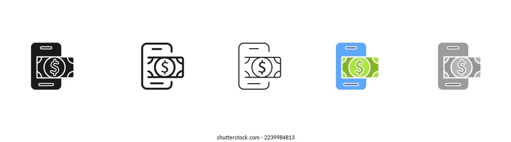 Phone with dollar line icon. Dollar bill, business, savings, incomings, expense, spendings, banking. Financial management concept. Vector five icon in different style on white background