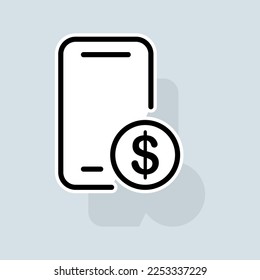 Phone with dollar line icon. Installment TV, computer components, technology, IT sphere, hardware store. Gadget concept. Vector sticker line icon on white background