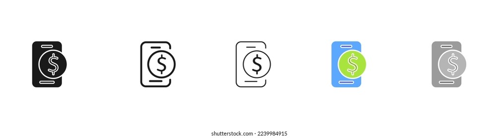Phone with dollar sign line icon. Financial management, internet banking, online, bank, earn money. Business concept. Vector five icon in different style on white background