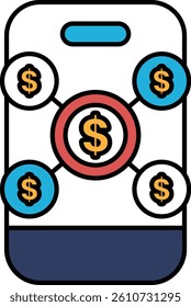A phone with a dollar sign in the middle and four other dollar signs surrounding it. The dollar signs are connected to each other, forming a network