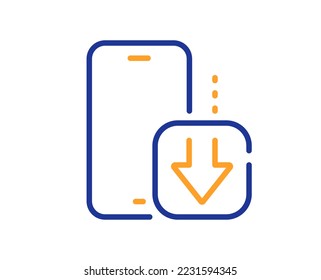 Icono de línea de descarga de teléfono. Signo de aplicación de Smartphone. Símbolo del dispositivo móvil del teléfono móvil. Concepto colorido del contorno de línea delgada. Icono de descarga de teléfono de estilo lineal. Trazo editable. Vector