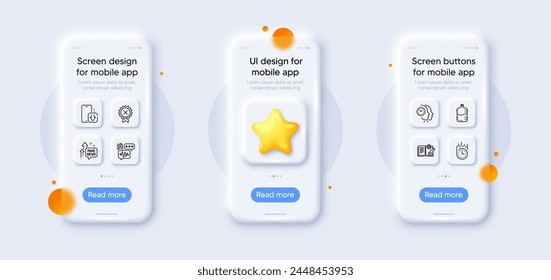 Phone download, Time management and Biometric security line icons pack. 3d phone mockups with star. Glass smartphone screen. Engineering documentation, Reject medal, Fake news web icon. Vector
