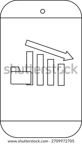 Phone with downward graph bars file folder icon on screen indicating decline or loss